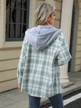Drawstring Plaid Button Up Hooded Jacket OutfitFlow